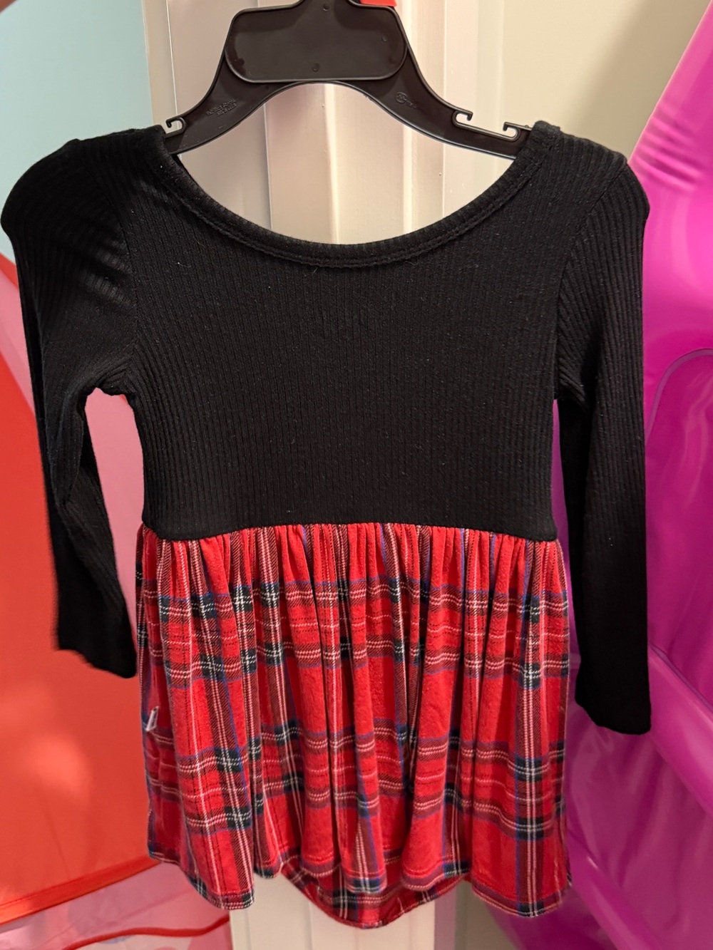 Little Sleepies Black Ribbed Top with Red Plaid Skirt Dress